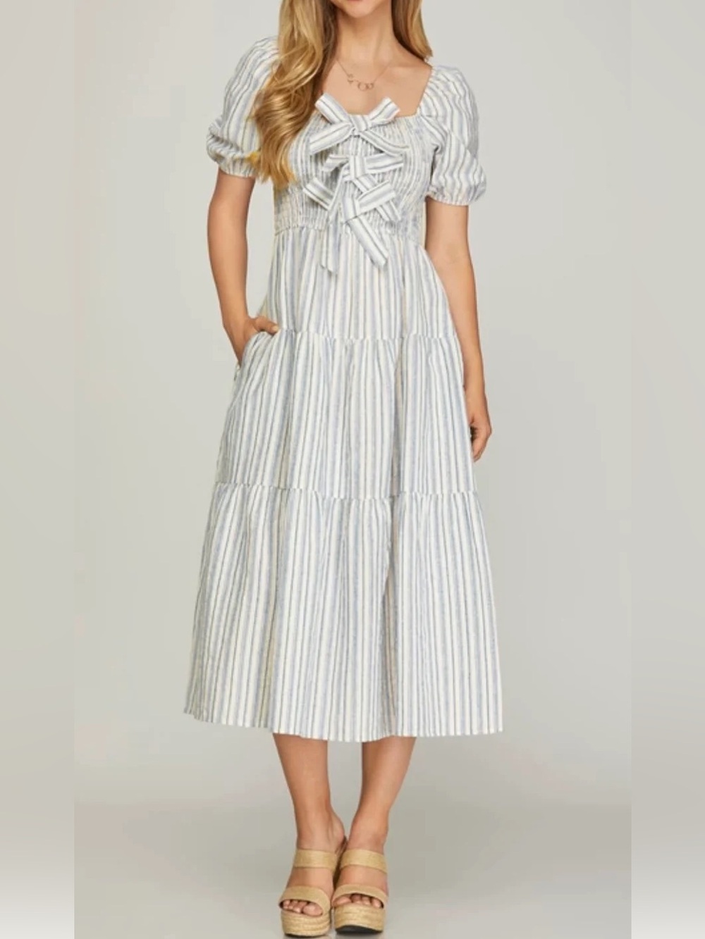 NWT - Striped Tiered Maxi Dress with Front Bow Detail- sz Large